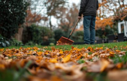 A man tidying up his yard in autumn, using a fan rake to gather fallen leaves on green grass. A crisp, overcast afternoon creates a serene, focused atmosphere for yard work.