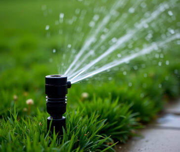 The sprinkler is rotating and water droplets are visible in the air