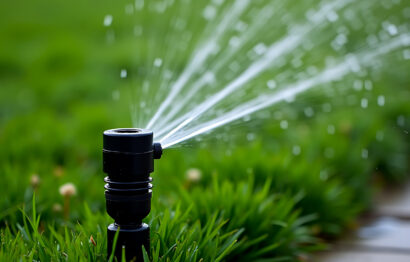 The sprinkler is rotating and water droplets are visible in the air