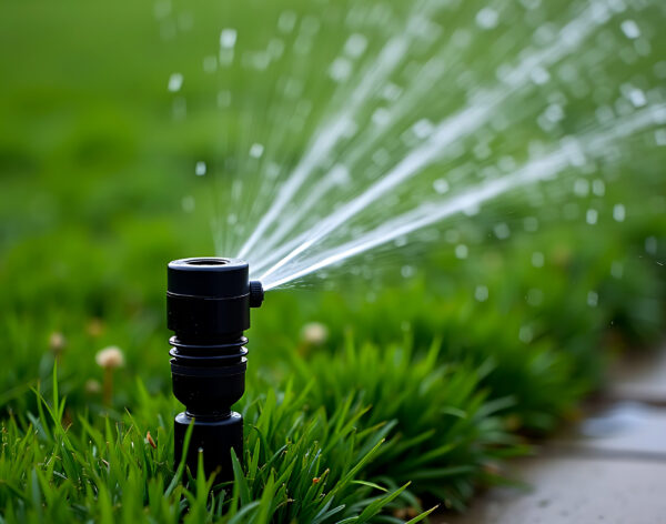 The sprinkler is rotating and water droplets are visible in the air