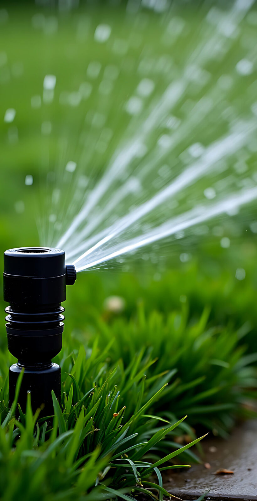 The sprinkler is rotating and water droplets are visible in the air