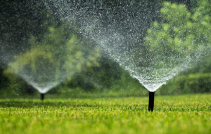 A sprinkler system watering a well-kept green lawn, producing a refreshing mist that sparkles in the clear daylight. The lush, healthy grass is maintained through regular irrigation, showcasing the effectiveness of modern watering systems. This image captures the serene beauty of a well-maintained lawn, with the vibrant green grass contrasting against the sparkling water droplets. The background foliage enhances the overall freshness and vitality of the scene, emphasizing the importance of consistent garden care and lawn maintenance.